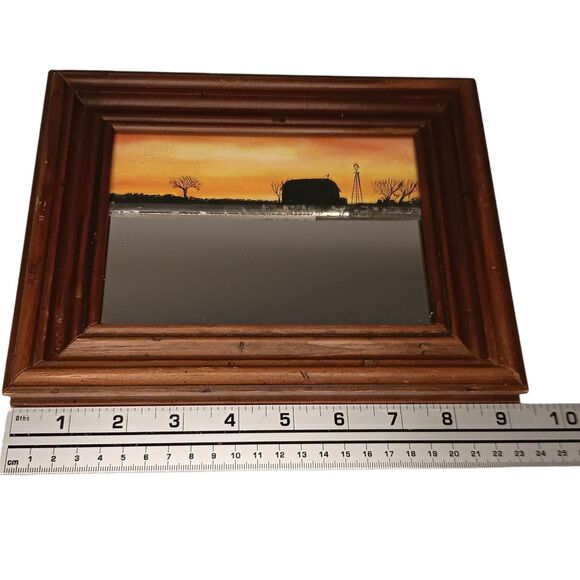 Vintage Small Painting W/ Mirror Barn Windmill Landscape Sunset Framed Rustic - Picture 5 of 12